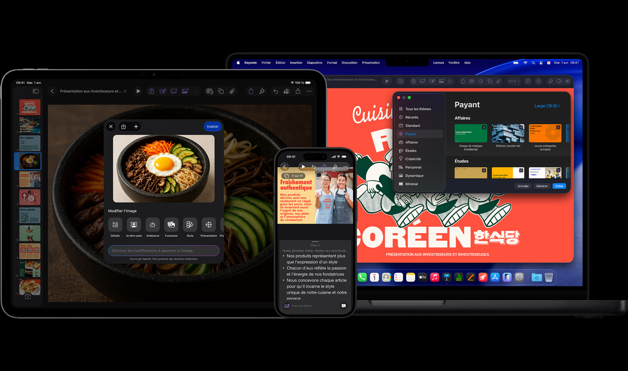 Écran d’iPad Pro 13 pouces affichant Keynote avec des images générées d’un bol de légumes et d’un œuf au plat, écran d’iPhone 16 affichant Keynote avec une photo de deux femmes et des notes de présentation, écran de MacBook Pro 16 pouces affichant une présentation Keynote avec la fenêtre des thèmes ouverte