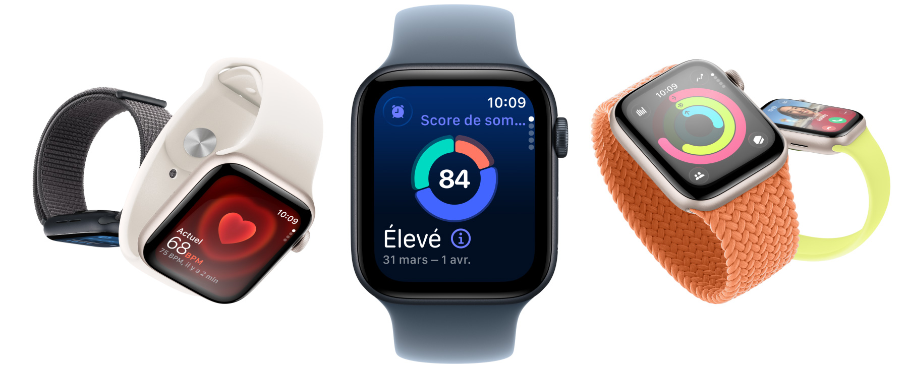 Plusieurs Apple Watch SE 3 avec boîtiers en aluminium offerts en comète et minuit, présentant des apps comme Signes vitaux et Fréquence cardiaque, le score de sommeil, les anneaux d’activité et un appel entrant