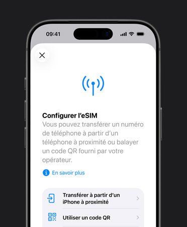 iPhone 17 Pro, face avant, fonctionnalité Configurer le service cellulaire en cours d’utilisation transférant un numéro de téléphone avec une eSIM en toute simplicité