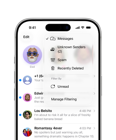 iPhone, top two-thirds showing Messages app with the new screening tools feature that now filters unknown numbers into a section called Unknown Senders