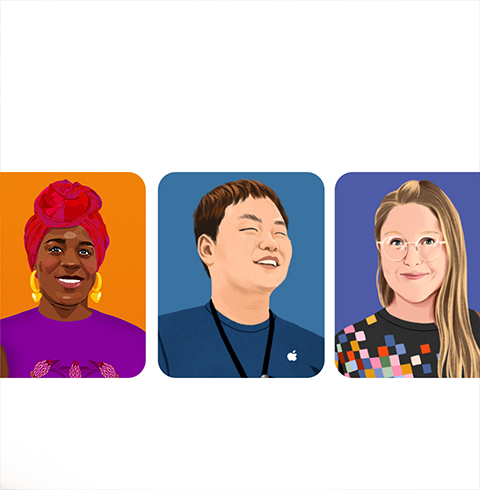 Tres retratos de integrantes del equipo de Apple.