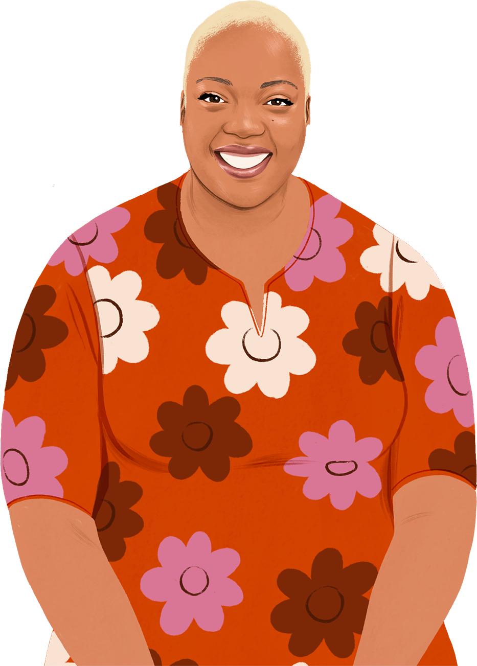 독자를 향해 미소 짓고 있는 Nafisah의 모습 일러스트. 조금 뒤에 하트 기호가 표시된 iPad 일러스트가 프레임 안으로 등장함.