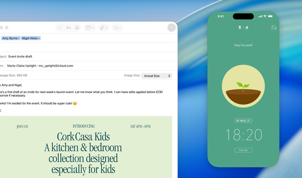 Pantalla de un MacBook, app Mail abierta, la pantalla de un iPhone duplicada en la pantalla del MacBook muestra la app Forest
