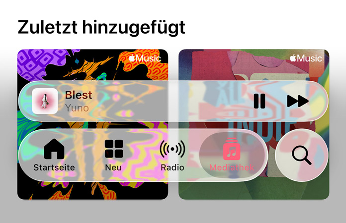 Transluzente Steuerelemente in Apple Music stellen den Hintergrund mit einem Lichtbrechungseffekt dar