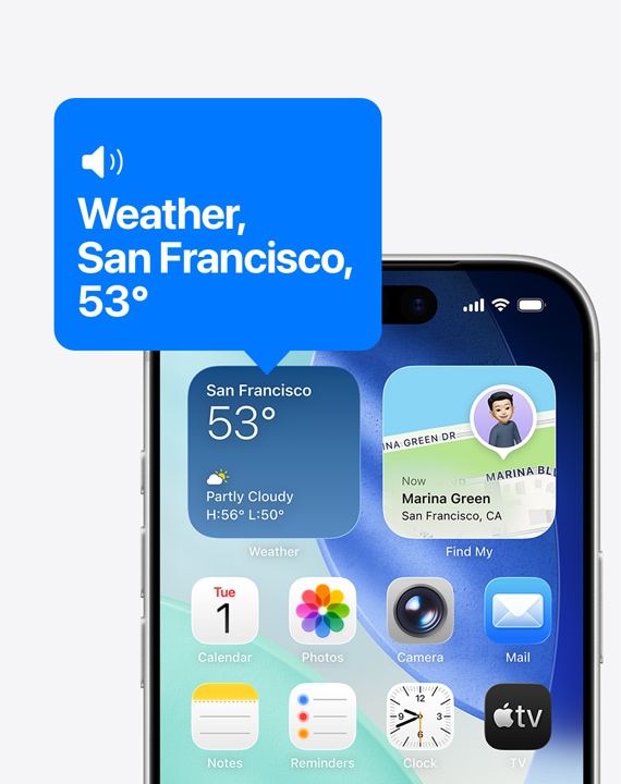 iPhone home screen, icon of weather widget being read aloud with VoiceOver