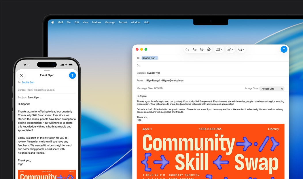 „iPhone 16 Plus“ ir „MacBook Pro“, atidaryta „Mail“ programa, abiejuose ekranuose rodomas to paties el. laiško juodraštis
