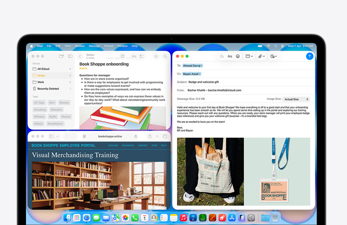 MacBook Neo, indigo color, screen shows composing a welcome email to new employee of bookstore, other tiled windows contain Notes doc about onboarding and bookstore's employee portal website in Safari