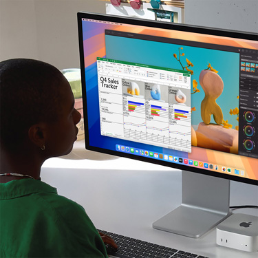 一位女士坐在工作桌前，在 Mac 上用 Excel 試算表工作。這份 Excel 試算表用作追蹤第四季銷售數字。Excel 試算表視窗後有一個 Pixelmator Pro 視窗。