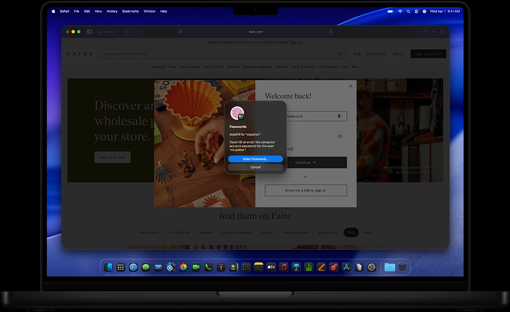 用户在 Safari 中瀏覽網頁，系統提示使用 Touch ID 登入網站