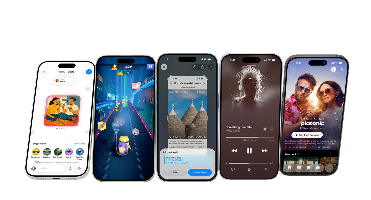 iPhone 17 devices in different colours, screens showing various apps