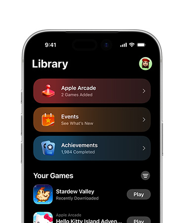 iPhone, top half of screen showing Games app layout, including Library tab, Apple Arcade, Events, Achievements, and All Games section