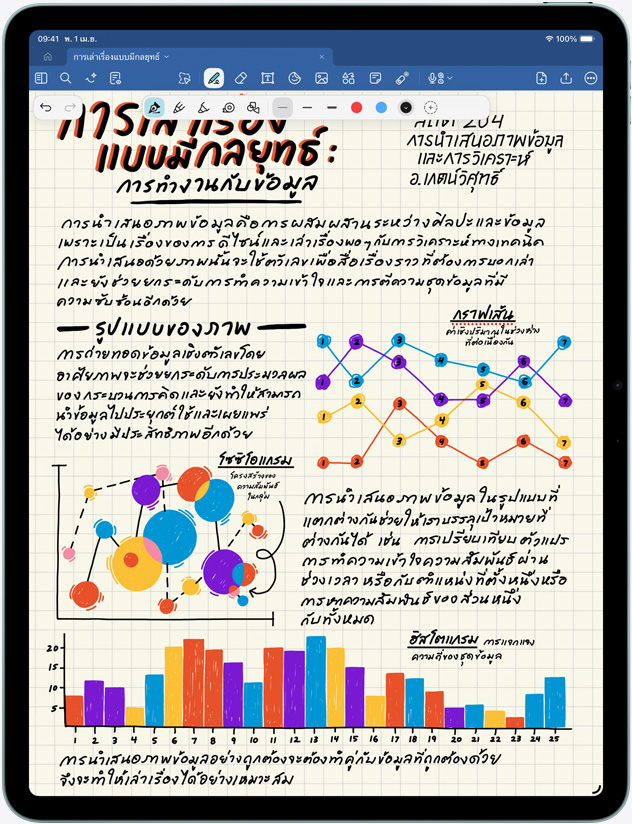 iPad Air in portrait orientation, notes and images on screen