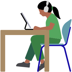 Žena s AirPody Max, která sedí u stolu a používá iPad