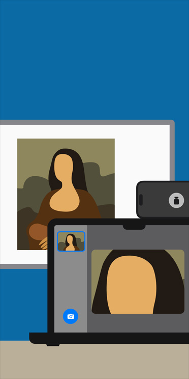 Illustration animée de l’app Loupe sur l’écran d’un MacBook zoomant sur l’image de la Joconde affichée sur un tableau blanc en classe