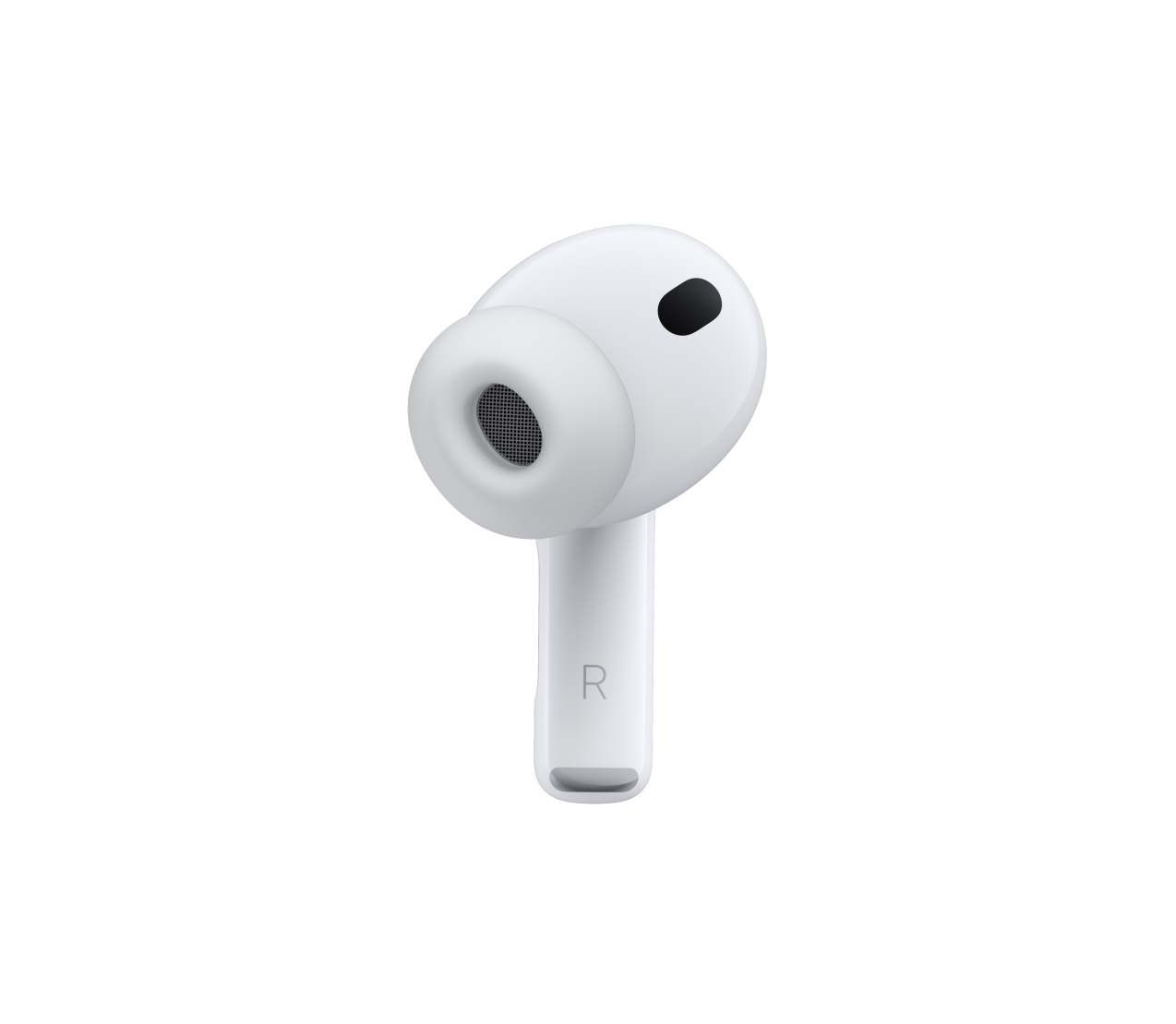AirPods Pro 3, blancos, micrófono de cancelación de ruido, almohadilla de silicón, parte inferior corta con la letra R
