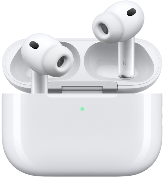 AirPods Pro 3 y estuche de carga MagSafe (USB-C), diseño redondeado, indicador de carga LED, estuche abierto, blanco, audífonos inalámbricos con almohadilla de silicón, parte inferior con las letras L y R