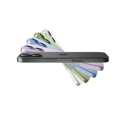 Five overlapping fanned out iPhone 17 devices in Black, Lavender, Mist Blue, Sage, and White, respectively. All in sideview, with the first visible one in Black showing the Apple logo on the back of the phone.