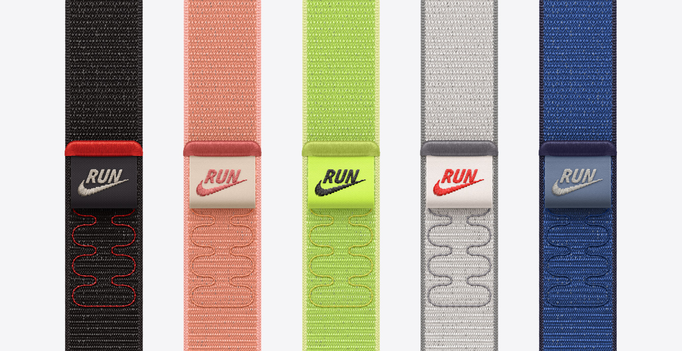 Couleurs disponibles pour la Boucle Sport Nike: Noir nuit, Rose Alpenglow, Volt Splash, Gris voilé, Blue Ribbon