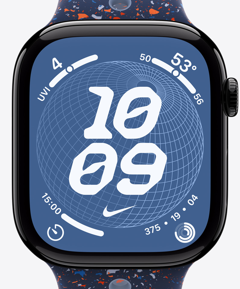 Cadran Nike Globe, heure, logo Nike Swoosh, complications: indice UV, météo, minuteur, anneaux Activité