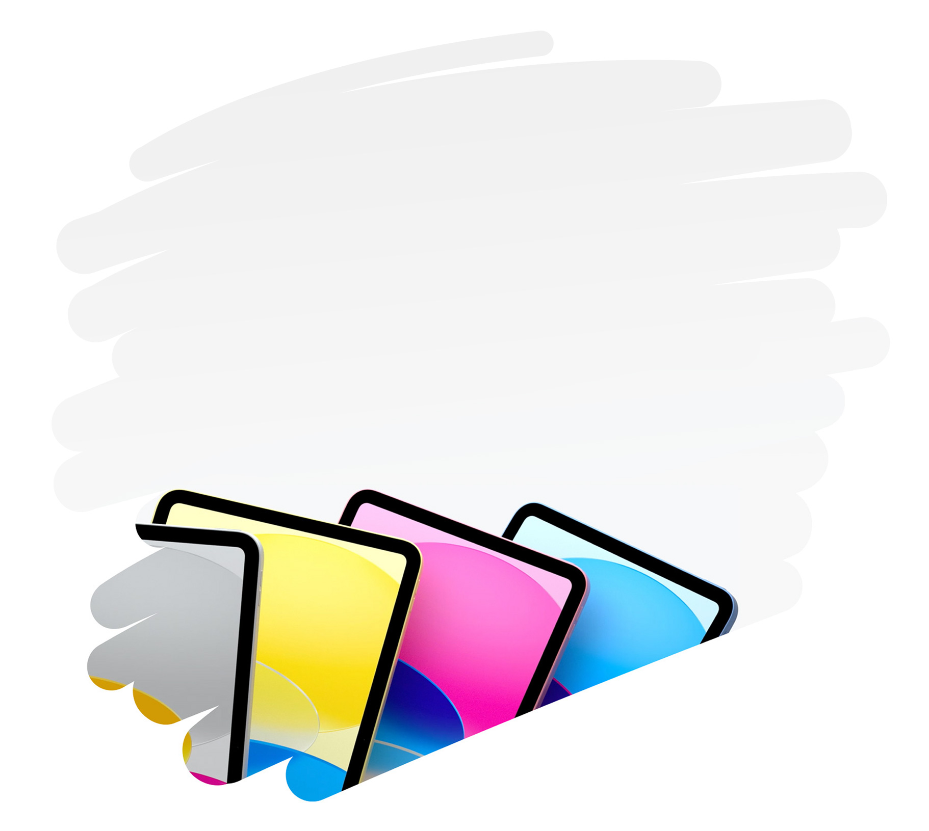 Kalemle yapılan geniş bir çizimin içinde gösterilen renkli iPad modelleri.