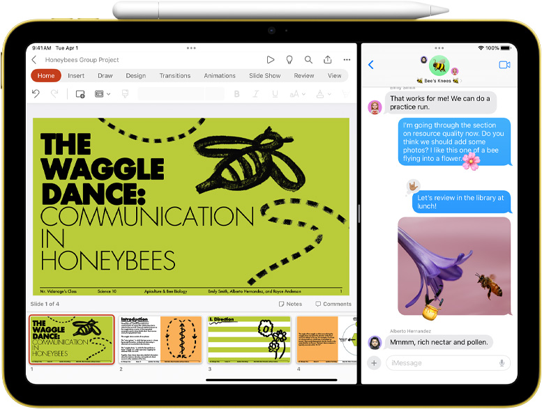 Podzielony widok programu PowerPoint i Wiadomości na iPadzie z magnetycznie przymocowanym Apple Pencil.