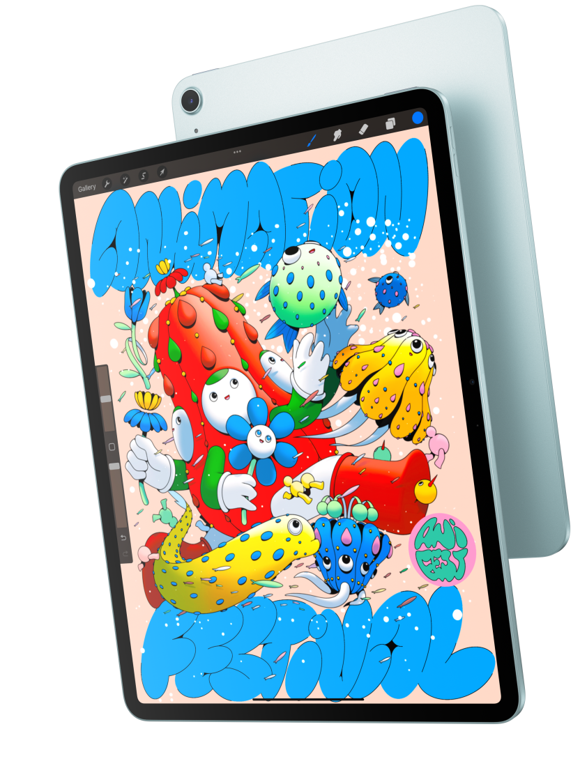 Vue avant d’un iPad Air 13 pouces affichant Procreate, superposé au dos d’un iPad Air bleu