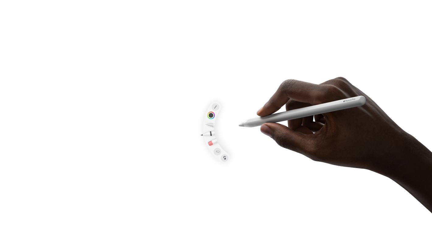 iPad Pro, face avant, orientation paysage, animation d’une main tenant un Apple Pencil Pro, le geste de pincement fait apparaître une palette d’outils sous la pointe du crayon