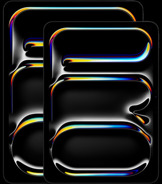 Un iPad Pro 13 pouces, un iPad Pro 11 pouces, orientation portrait, face avant, noir infini, coins arrondis, bordure d’écran noire, écran affichant le mot « PRO » écrit à la verticale, en lettres abstraites multicolores et arrondies