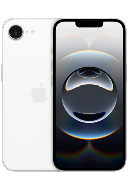 Vue de l’avant d’un iPhone 16e en blanc et vue partielle du dos d’un iPhone 16e montrant la caméra.