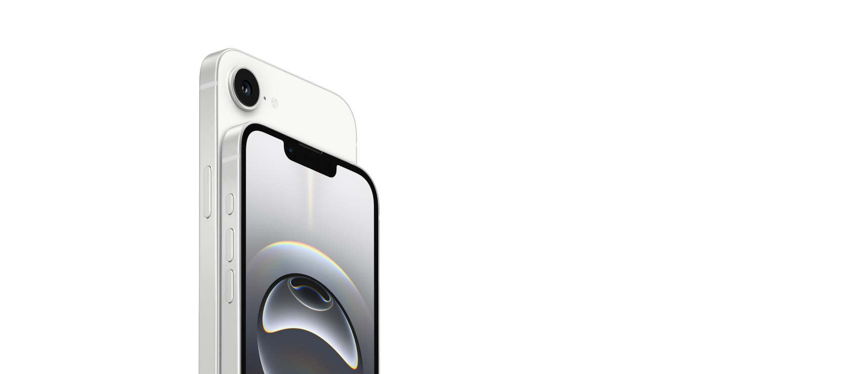 iPhone 16e animatsioon näitamas esiküljel Retina ekraani ja tagaküljel iPhone 16e kaamerat.