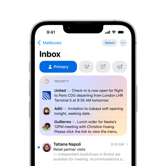iPhone 16e ekraani osaline vaade näitamas Priority Messages funktsiooni rakenduses Mail.