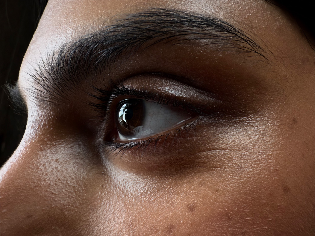 Photo d’une femme dans une pièce vide. Gros plan sur le visage d’une femme, mise au point sur les yeux. L’app Appareil photo change de distance focale pour illustrer les capacités du système caméra pro, mettant en valeur : Macro