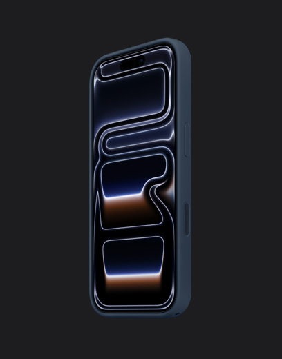 iPhone 17 Pro, face avant, bleu foncé, avec un étui en silicone, marine