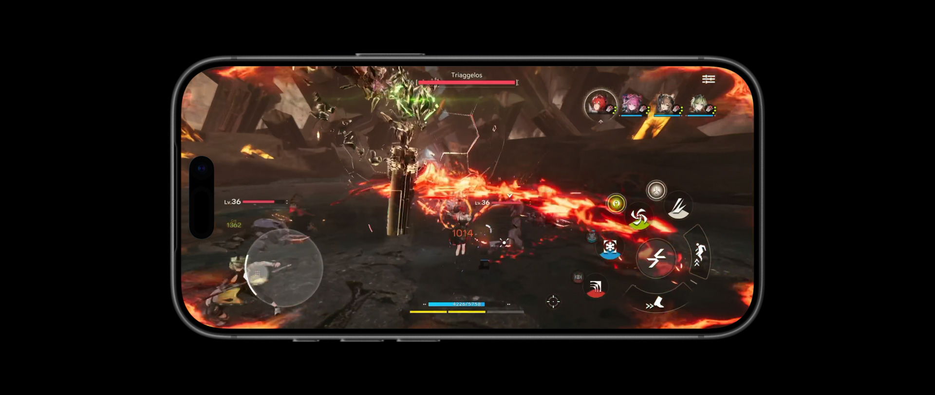 iPhone 17 Pro, face avant, montrant les performances de la puce A19 Pro avec une scène du jeu vidéo Arknights: Endfield