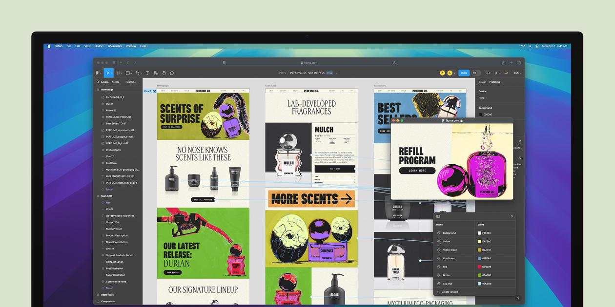 Un écran affiche le navigateur web Safari, dans lequel un projet de conception est en cours de réalisation sur Figma.com