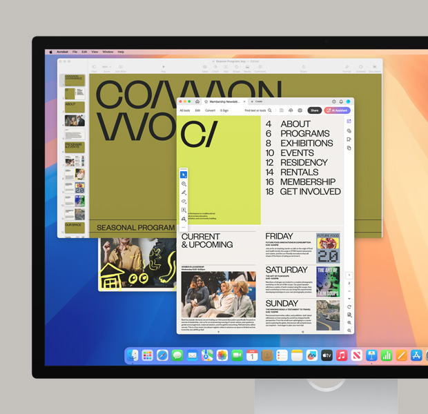 Écran coloré montrant plusieurs apps dans le Dock et Safari, avec Adobe Acrobat en cours d’exécution