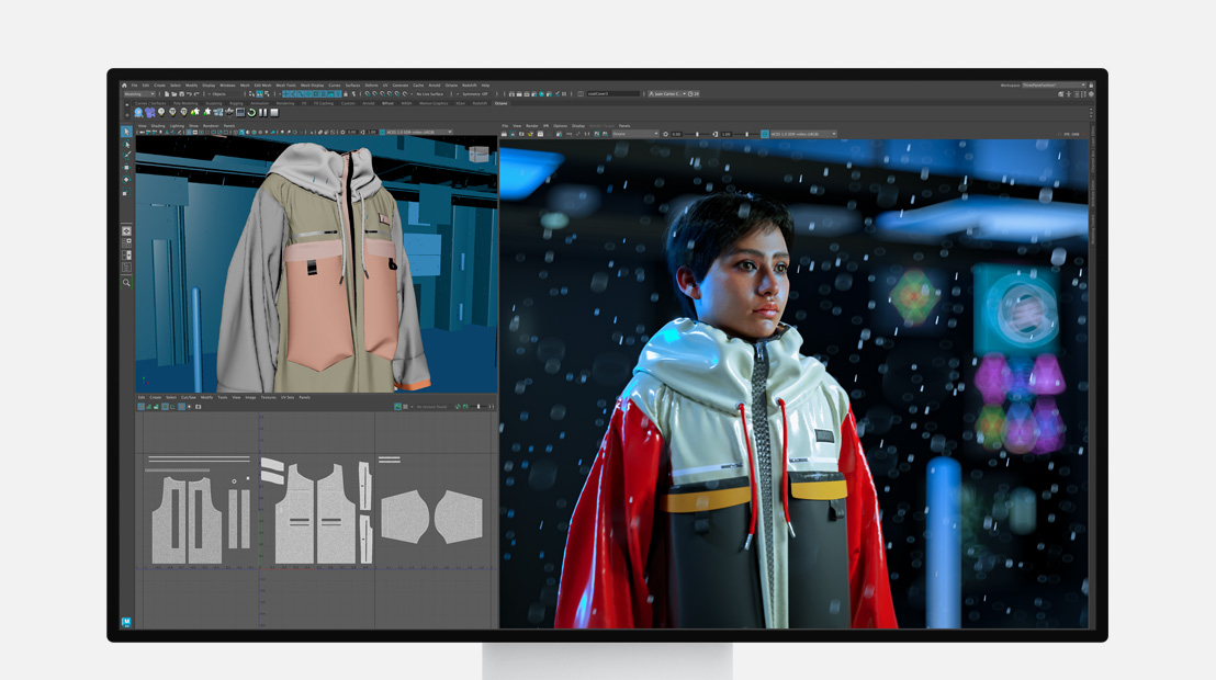 Pro Display XDR ekrānā redzami 3D renderēšanas uzdevumi