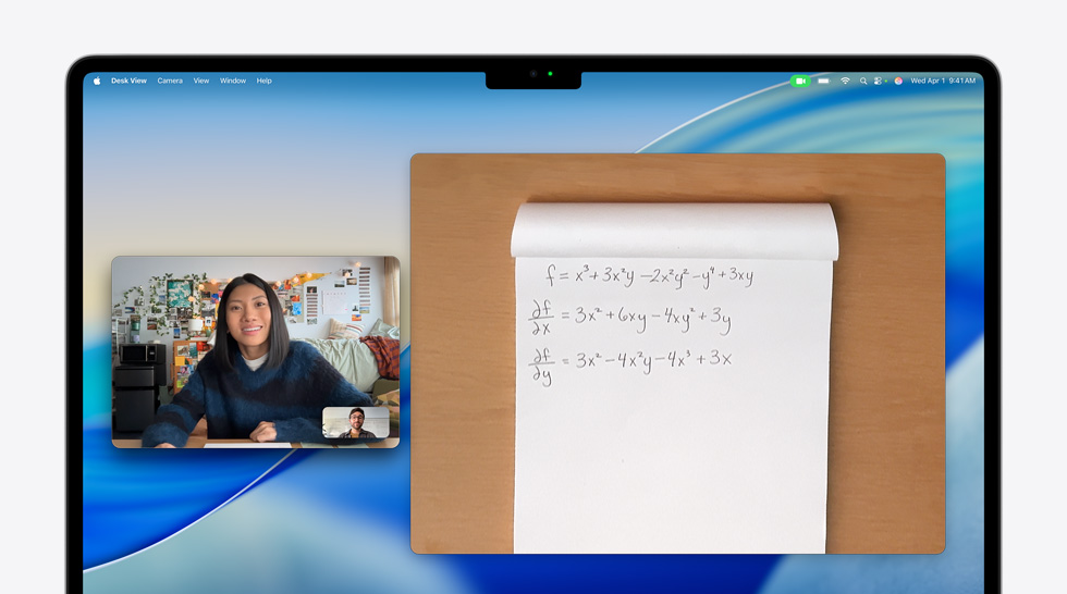 Video call on MacBook Air of a person using the Desk View feature to show a maths equation to a person on the call, Desk View lets them show their workspace and their face simultaneously