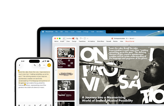 iPhone 16 Plus with text highlighted in the Notes app, MacBook Air with a PowerPoint slide open, text from Notes app is visible on the slide