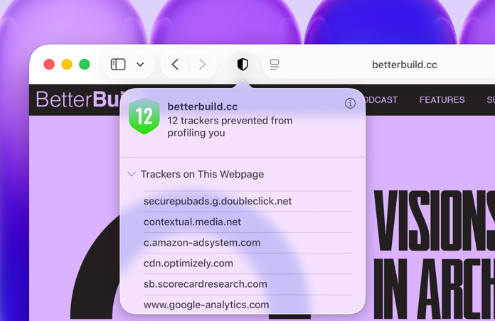 Použití funkce Zpráva o soukromí se zobrazením seznamu trackerů, kterým Safari brání profilování uživatele napříč weby
