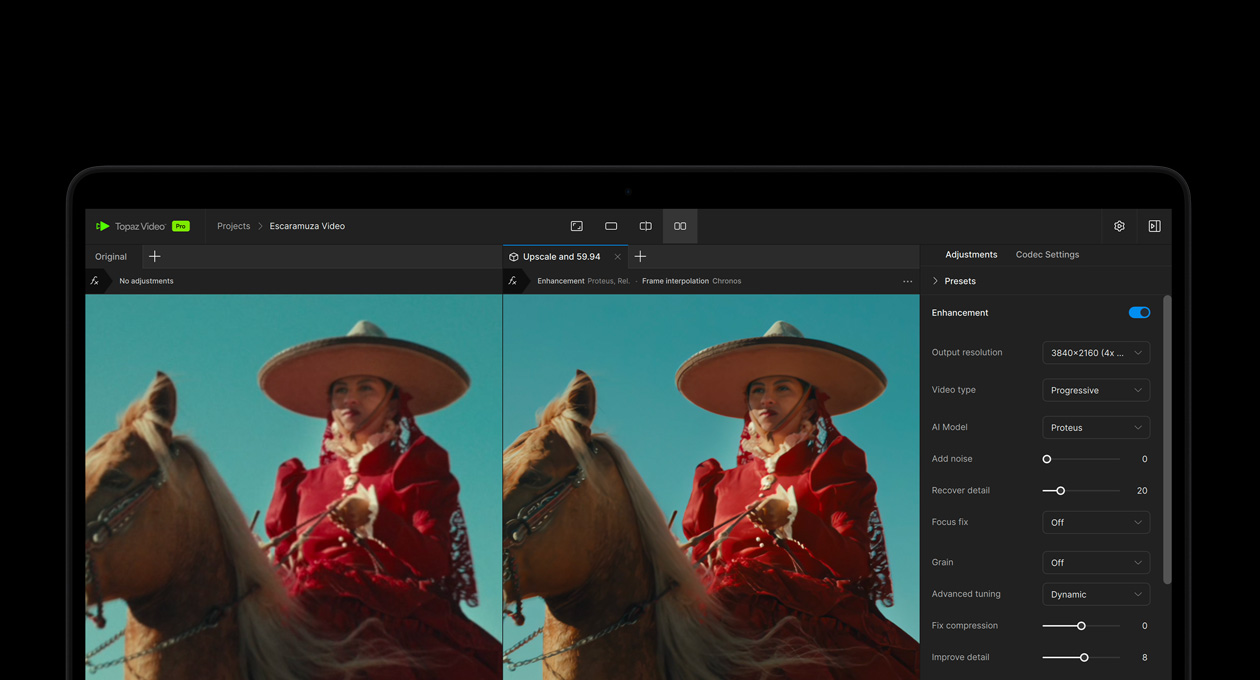 شاشة MacBook Pro تعرض فيديو يتم تعزيزه بالذكاء الاصطناعي في Topaz Video‏