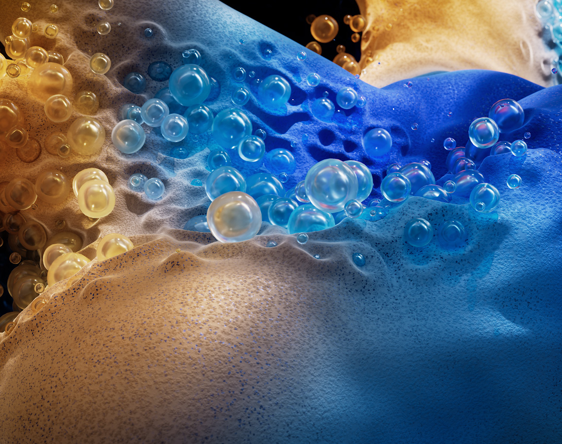 رسم متحرك ثلاثي الأبعاد لأشكال متحركة مركبة باللون الأزرق، توضح قوة أداء رسومات الغرافيك في MacBook Pro