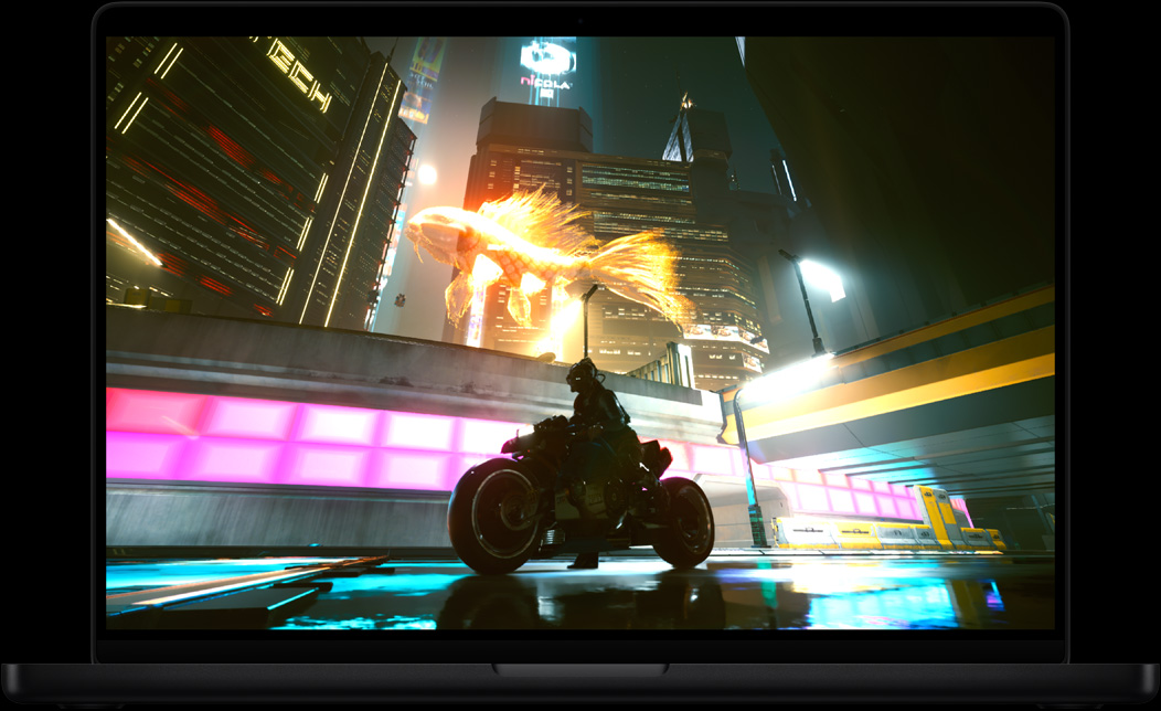 Ecrã do MacBook Pro com o videojogo Cyberpunk 2077: Ultimate