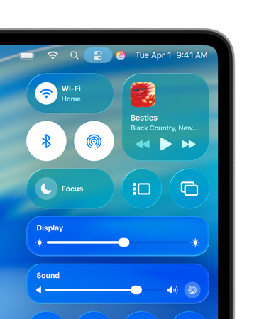 Right side of Mac screen showing Liquid Glass custom controls, like Wi-Fi and Bluetooth, in Control Centre