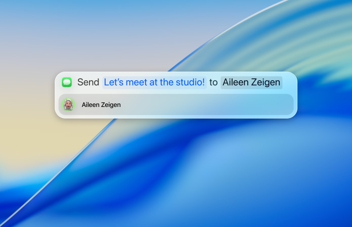 Brugeren skriver en tekstbesked i Spotlight, som skal sendes via appen Beskeder