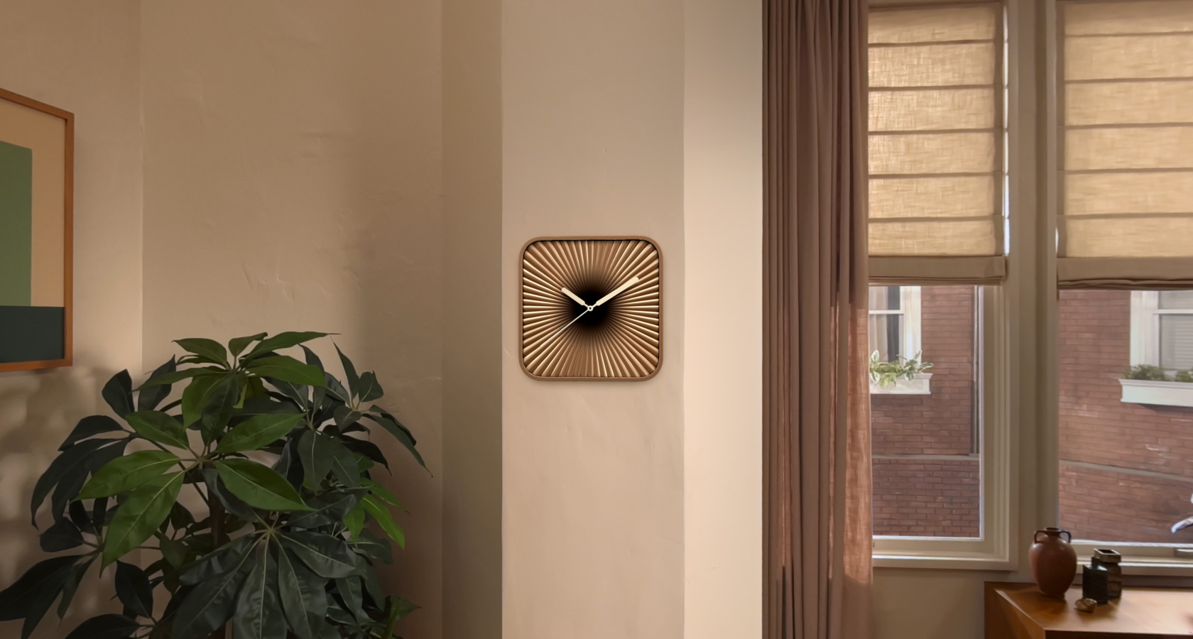 Close-up of a clock widget in a physical space on a wall seen through Apple Vision Pro