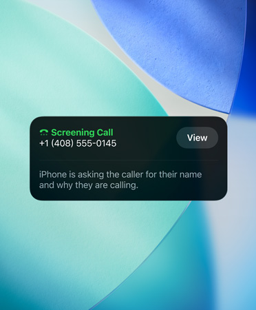 iPhone app widget showcasing the screening feature on an incoming call; new OS wallpaper set in the background