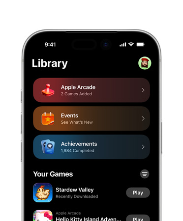 iPhone, top half of screen, showing Games app layout, including Library tab, Apple Arcade, Events, Achievements and All Games section