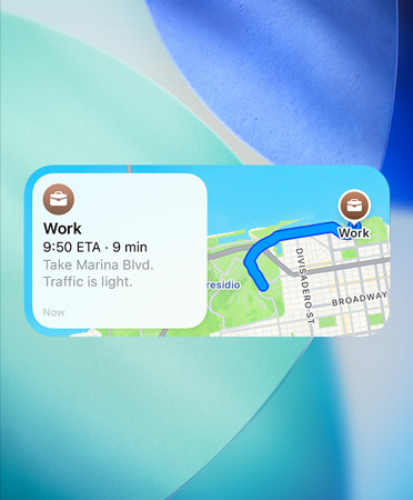 Maps widget showing the new preferred routes trip planner, with traffic details, arrival time and duration of trip