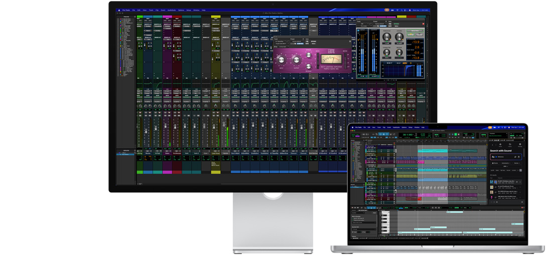Studio Display and a Mac laptop showing a session in Pro Tools with Splice integration, the nano-texture glass helps reduce reflectivity on the dark program screen